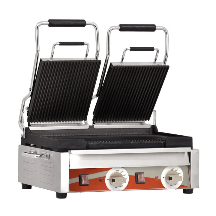 Omcan  PG-CN-0711-R Double Panini Grill with Grooved Plates – 10″ x 18″ Cooking Surface – 220V, 3200W - Continental Restaurant Equipment