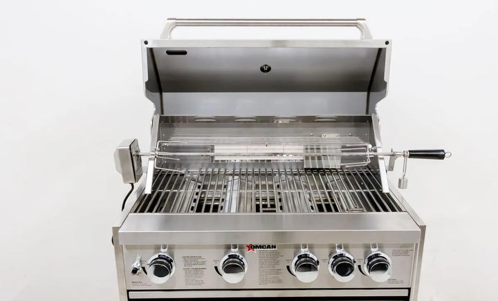 Omcan  CE-CN-0030-B LP 30″ BBQ Grill Propane Gas 5 Burners 58,000 BTU with Rotisserie Kit, Warming Rack, LED Light - Continental Restaurant Equipment