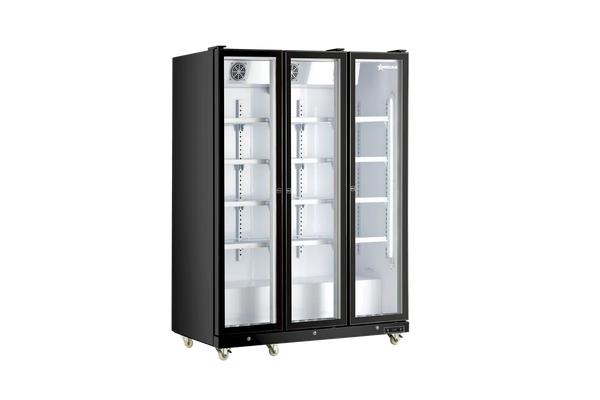 Omcan  RE-CN-1200B 60” Refrigerator Black Glass 3 Door Merchandiser with LED Light, 1200 L (42.4 cu.ft.), 115V/60Hz/1Ph - Continental Restaurant Equipment