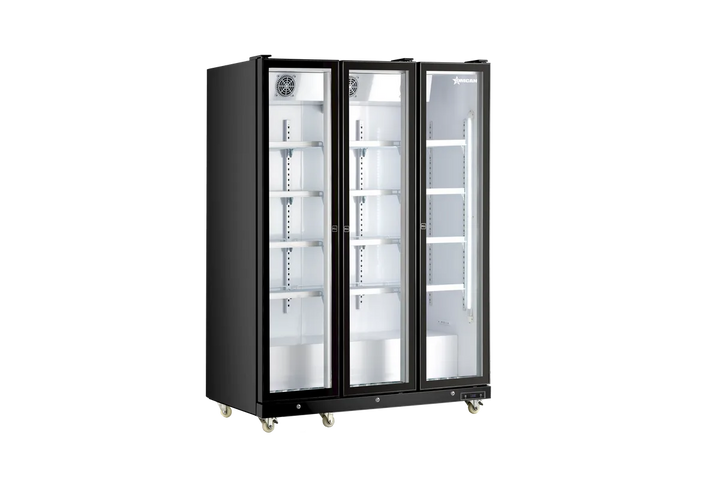 Omcan  RE-CN-1200B 60” Refrigerator Black Glass 3 Door Merchandiser with LED Light, 1200 L (42.4 cu.ft.), 115V/60Hz/1Ph - Continental Restaurant Equipment
