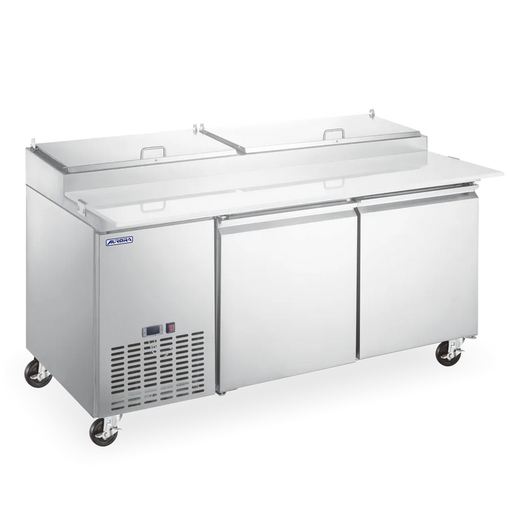 Omcan  PT-CN-1829E-HC Aurora 67″ Refrigerated Pizza Prep Table, 2 Doors, Stainless Steel, 16 cu.ft. (442 L) Capacity – 120V, 0.75hp - Continental Restaurant Equipment