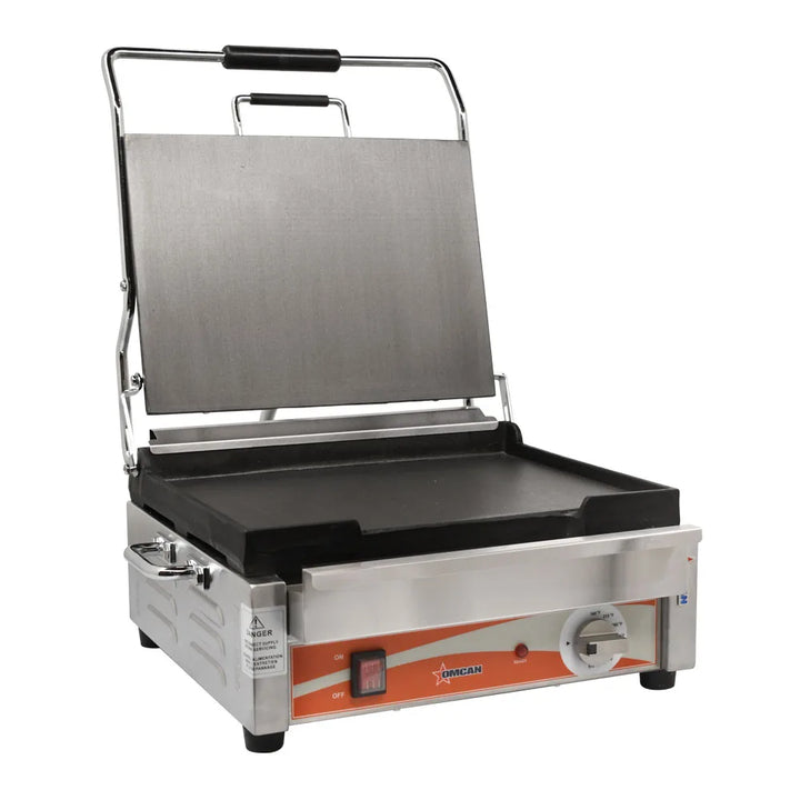 Omcan  PG-CN-0679-F Single Panini Grill with Smooth Plates – 12″ x 15″ Cooking Surface – 120V, 1800W - Continental Restaurant Equipment