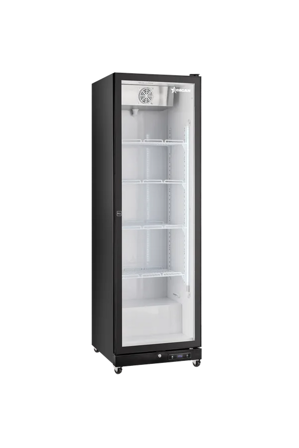 Omcan  RE-CN-0380B 24” Refrigerator Black Glass 1 Door Merchandiser with LED Light, 380 L (13.4 cu.ft.), 115V/60Hz/1Ph - Continental Restaurant Equipment