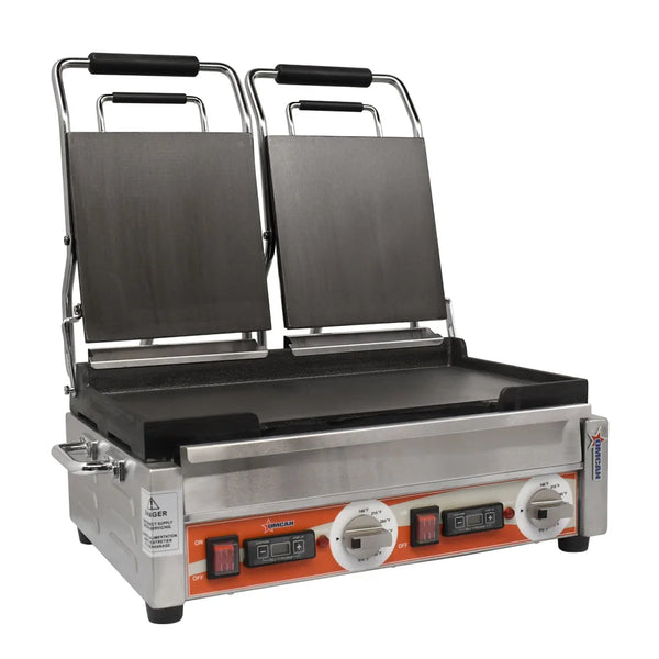 Omcan  PG-CN-0711-FT Double Panini Grill with Smooth Plates and Timer – 10″ x 18″ Cooking Surface – 220V, 3200W - Continental Restaurant Equipment