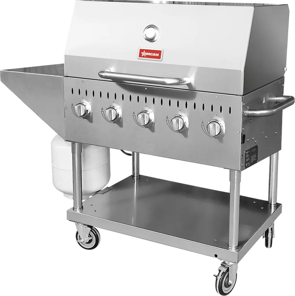 Omcan  CE-CN-0036-S LP Stainless Steel Propane Outdoor BBQ Grill with 5 Burners, Top and Side Shelf and Roll Dome, 80000 BTU