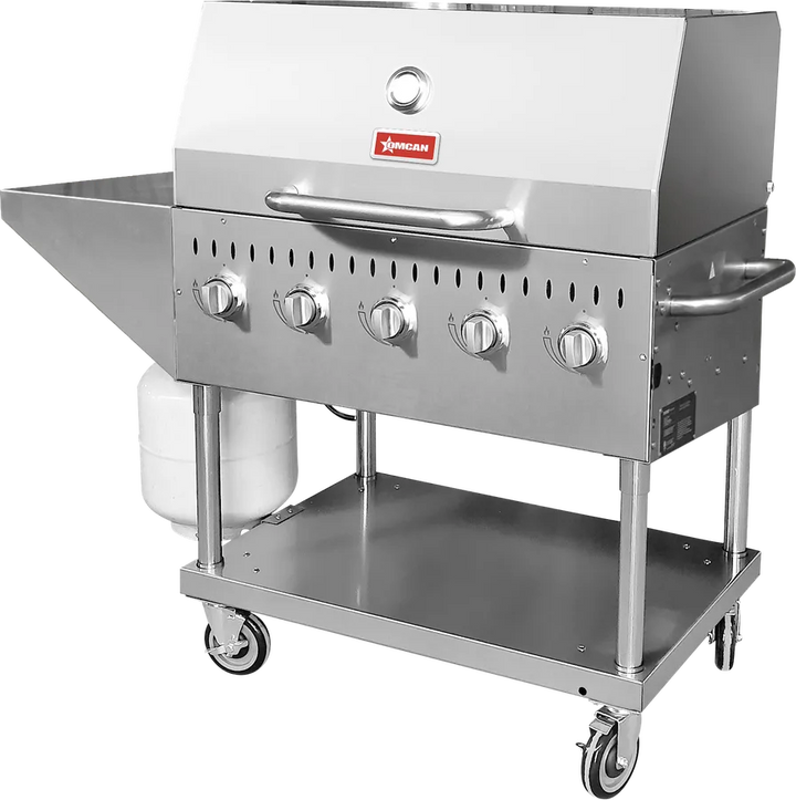 Omcan  CE-CN-0036-S LP Stainless Steel Propane Outdoor BBQ Grill with 5 Burners, Top and Side Shelf and Roll Dome, 80000 BTU - Continental Restaurant Equipment