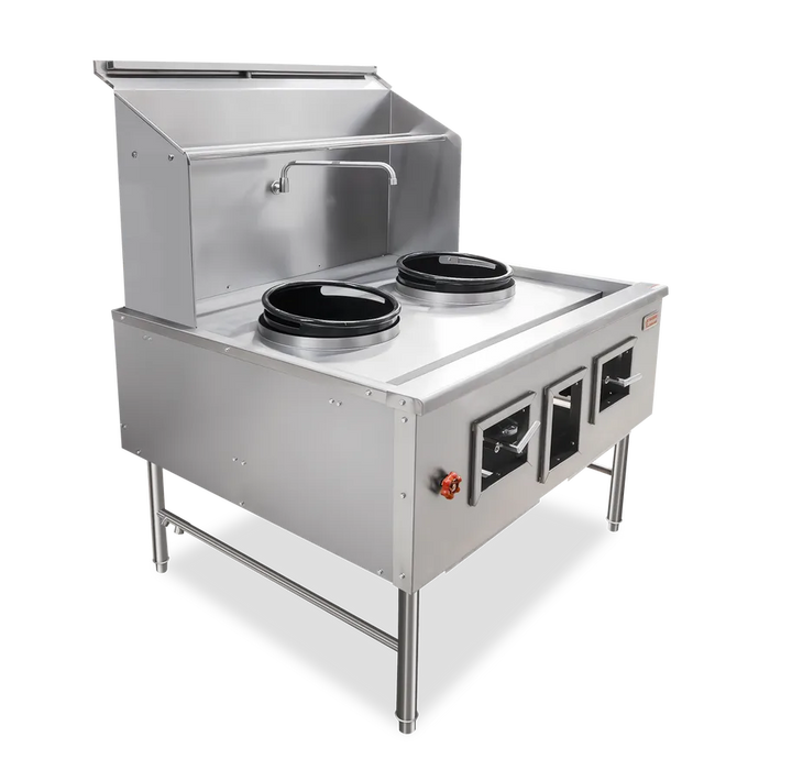 Omcan  CE-CN-W2L0-NG Two Chamber Wok Range with 2 x 13″ Rings, Backsplash, Faucet, 190,000 BTU – Natural Gas - Continental Restaurant Equipment