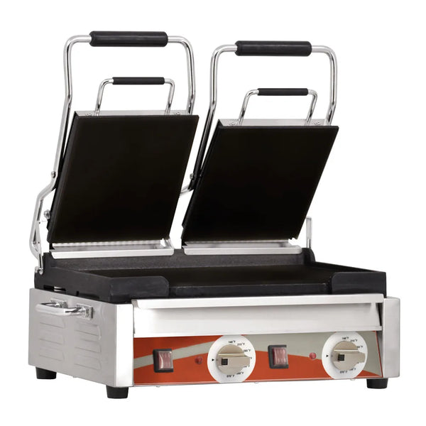 Omcan  PG-CN-0711-F Double Panini Grill with Smooth Plates – 10″ x 18″ Cooking Surface – 220V, 3200W - Continental Restaurant Equipment