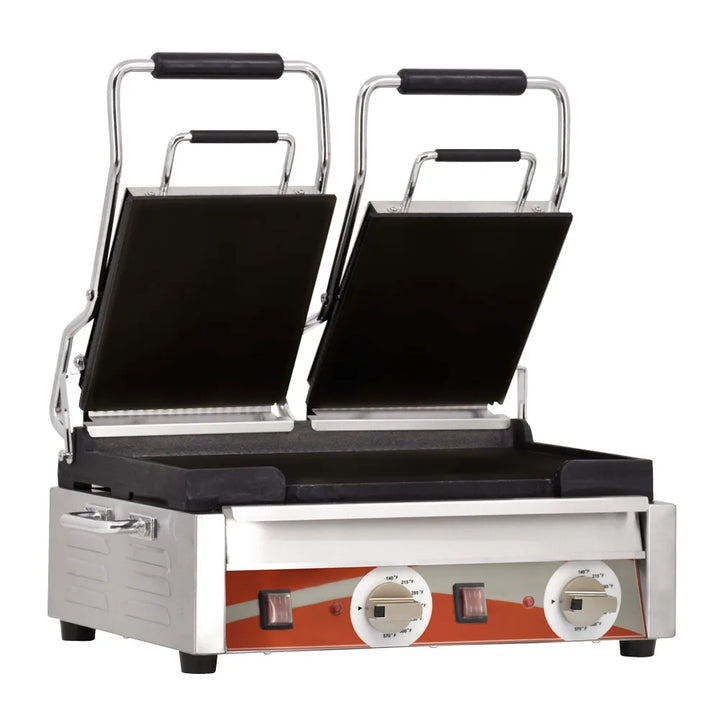 Omcan  PG-CN-0711-F Double Panini Grill with Smooth Plates – 10″ x 18″ Cooking Surface – 220V, 3200W - Continental Restaurant Equipment
