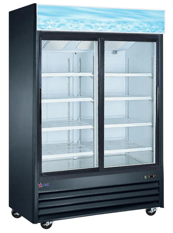 Omcan  RE-CN-0045-HC-BK 53" 2-Door Sliding Glass Door Refrigerator, 45 cu.ft capacity- Black - Continental Restaurant Equipment
