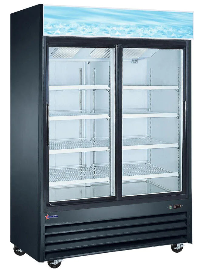 Omcan  RE-CN-0045-HC-BK 53" 2-Door Sliding Glass Door Refrigerator, 45 cu.ft capacity- Black - Continental Restaurant Equipment