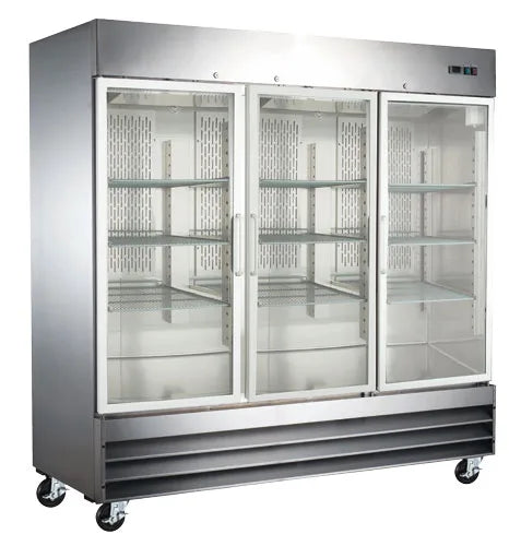 Omcan  RE-CN-0067-G-HC 81″ Stainless Steel Glass Door Reach-In Refrigerator, 72 cu.ft. (2,024 L) – 115 V, 3/4 HP - Continental Restaurant Equipment