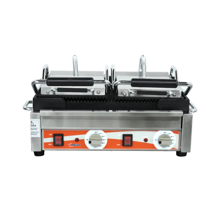 Omcan  PG-CN-0711-R Double Panini Grill with Grooved Plates – 10″ x 18″ Cooking Surface – 220V, 3200W - Continental Restaurant Equipment