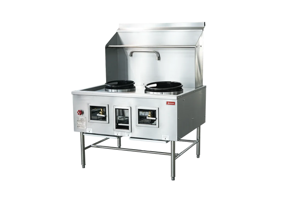 Omcan  CE-CN-W2L1-NG Two Chamber Wok Range with 13 + 16″ Rings, Backsplash, Faucet, 220,000 BTU – Natural Gas - Continental Restaurant Equipment