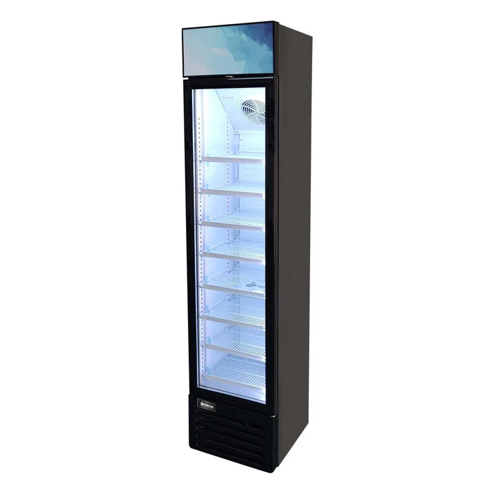 Omcan  RS-CN-0145 16.5″ Slim Glass Door Black Display Refrigerator with Lightbox and 145 L Capacity – 110V, 150W - Continental Restaurant Equipment