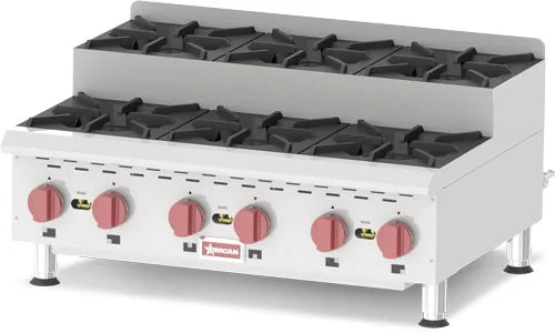 Omcan  CE-CN-0636-S 6-Burner Countertop Stainless Steel Step-Up Gas Hot Plates