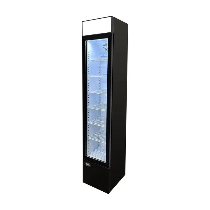 Omcan  RS-CN-0105-B 14″ Slim Glass Door Black Display Refrigerator with Lightbox and 3.7 cu.ft. (105 L) Capacity – 110V, 140W - Continental Restaurant Equipment