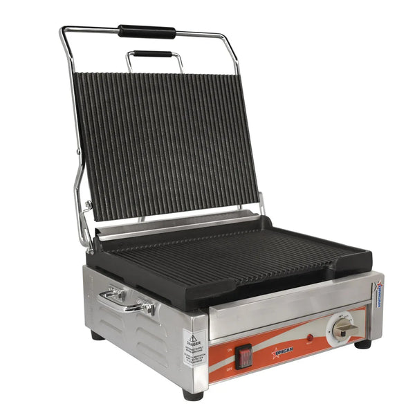 Omcan  PG-CN-0679-R Single Panini Grill with Grooved Plates – 12″ x 15″ Cooking Surface – 120V, 1800W - Continental Restaurant Equipment
