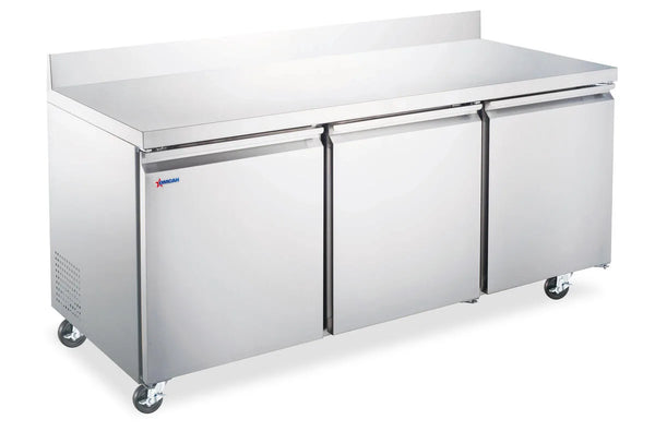 Omcan  RE-CN-0016-BS-HC 72″ Three Doors Worktop Refrigerator With Backsplash 17 cu.ft (481 Liter) Capacity