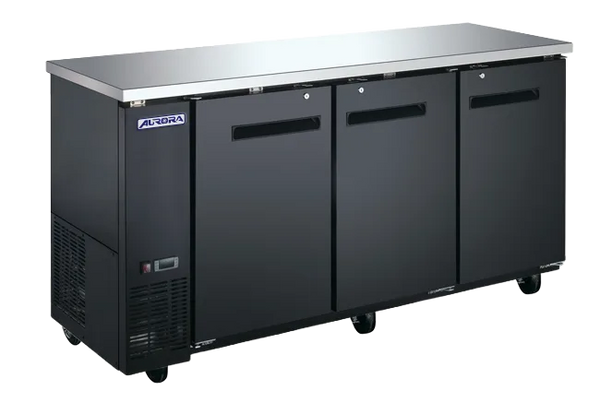 Omcan  BB-CN-0020E-SH Aurora 73″ Black Back Bar Cooler, 3 Solid Doors,18.5 cu.ft. (525L) Capacity with Stainless Steel Countertop – 110V, 396W