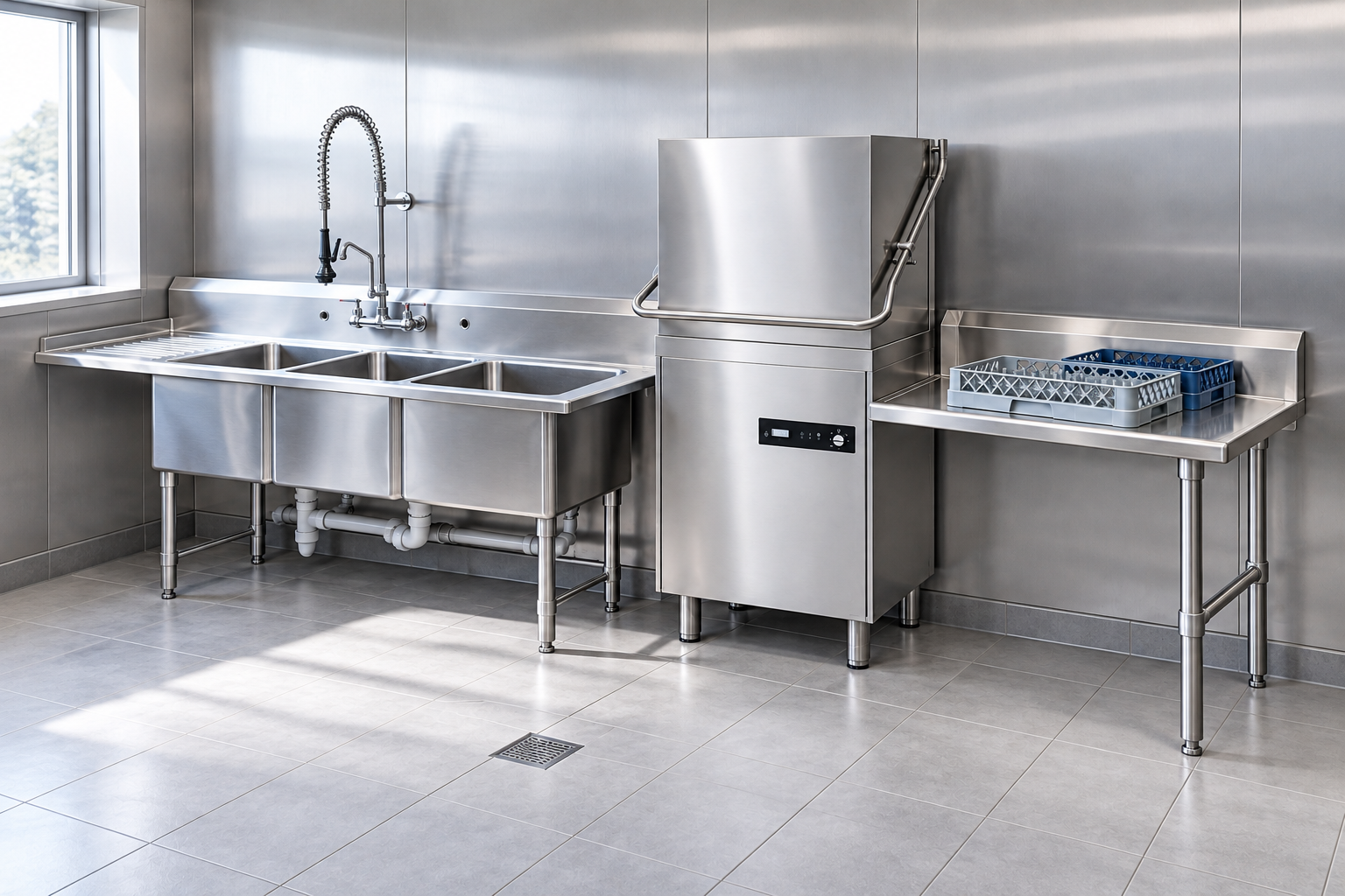 Three-compartment stainless sink equipment