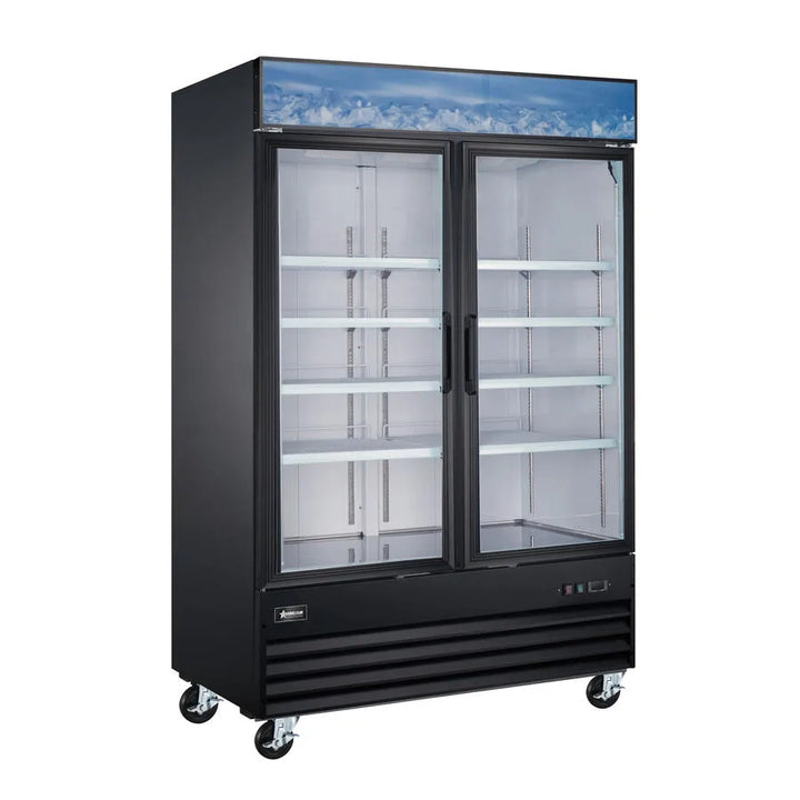 Omcan  RE-CN-0045-HC-SB 53” Black Display Refrigerator, 2 Swings Glass Doors,  45 cu. ft. (1270 L) Capacity – 120V, 1/4 HP - Continental Restaurant Equipment