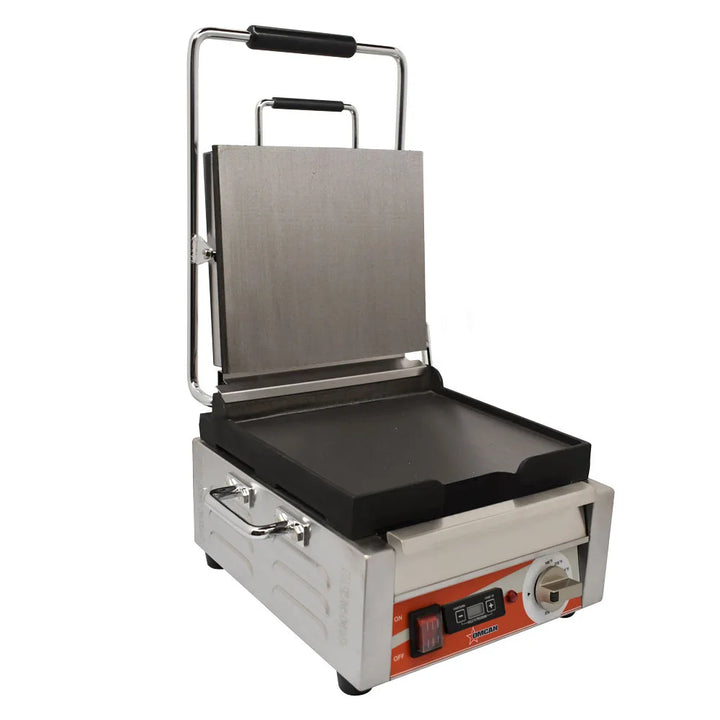 Omcan  PG-CN-0515-FT Single Panini Grill with Smooth Plates and Timer – 10″ x 11″ Cooking Surface – 120V, 1800W - Continental Restaurant Equipment