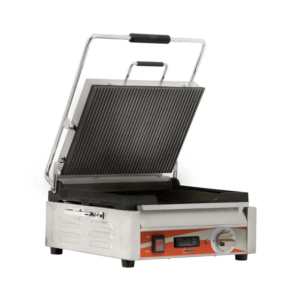 Omcan  PG-CN-0679-RT Single Panini Grill with Grooved Plates and Timer – 12″ x 15″ Cooking Surface – 120V, 1800W - Continental Restaurant Equipment