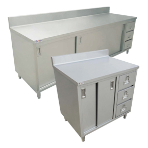 WORKTABLES WITH CABINETS, DRAWERS AND BACKSPLASH